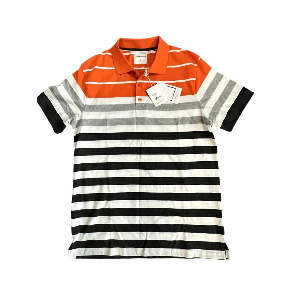 Stitches & Rivets Mens Striped Polo Shirt Orange Gray White Short Sleeve NWT